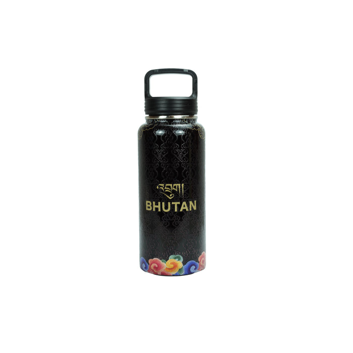 Black Insulated Tumbler with Bhutanese Cloud Motif – A Touch of Himalayan Elegance, Desuung Skilling Project