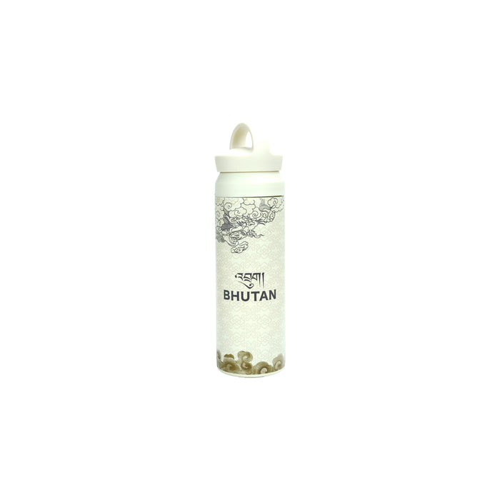 White Insulated Tumbler with Subtle Bhutanese Dragon and Cloud Design, Desuung Skilling Project
