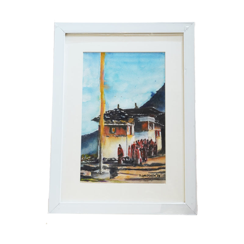 "Bhutanese Monastery Gathering" Framed Watercolor Print, Dorji Gyeltshen, 29.7 x 42 cm