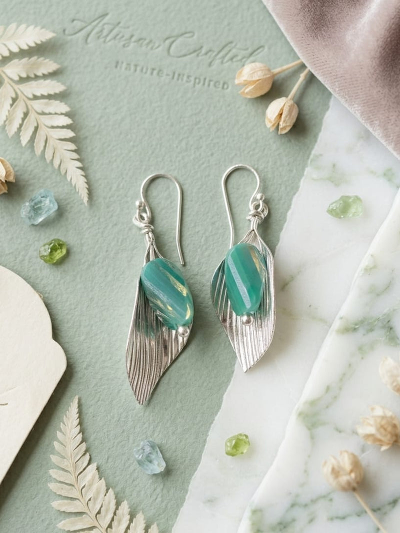 Silver Leaf & Stone Drop Earrings – 925 Sterling Silver