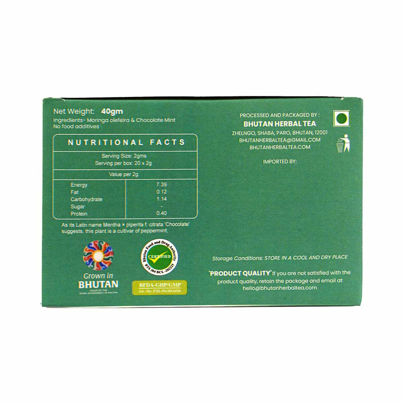 Chocolate Mint Moringa Infusion, 40g, 20 tea bags, Bhutan Herbal Tea