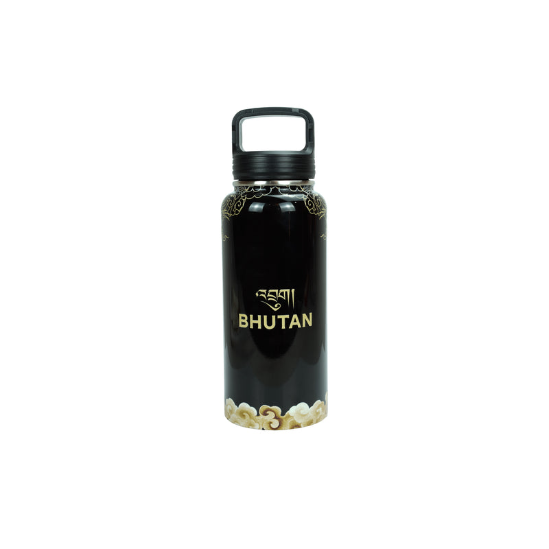 Elegant Black Insulated Tumbler with Golden Bhutanese Cloud Accents, Desuung Skilling Project