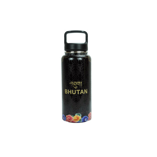 Black Insulated Tumbler with Bhutanese Cloud Motif – A Touch of Himalayan Elegance, Desuung Skilling Project 