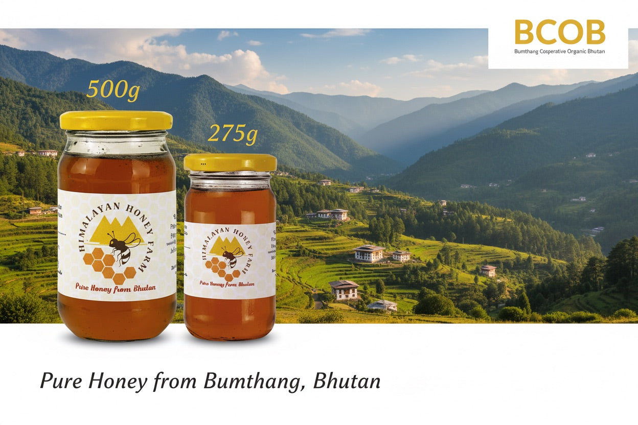 Two jars of Himalayan Honey Farms honey with a scenic background of mountains and greenery.