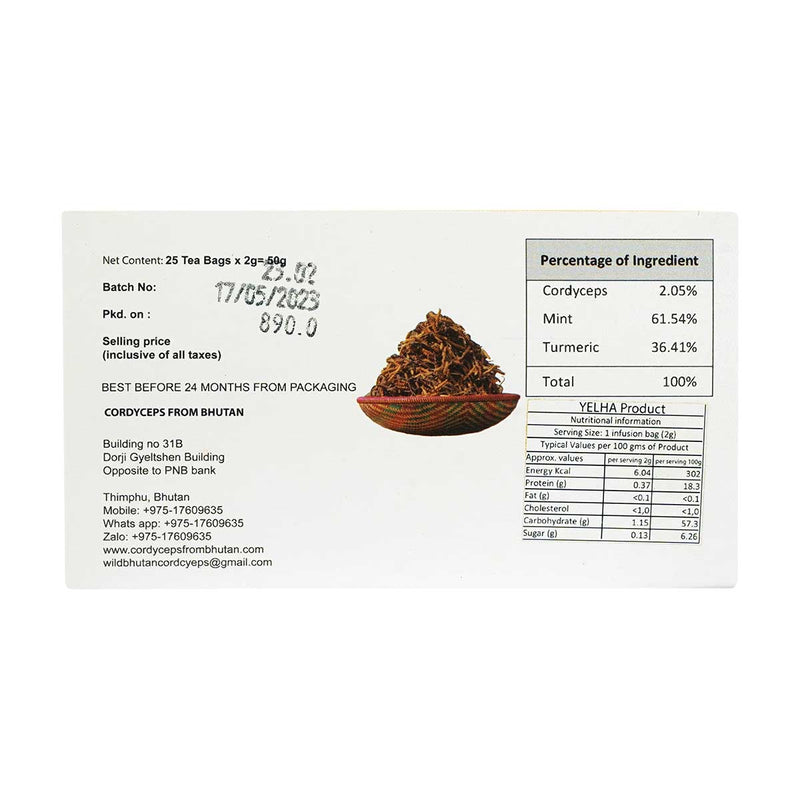 Cordyceps Mint and Turmeric Tea, 25 tea Satchels with high concentration of Cordyceps, Cordyceps from Bhutan, Druksell