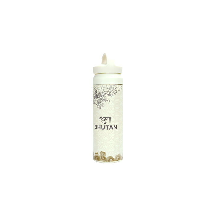 White Insulated Tumbler with Subtle Bhutanese Dragon and Cloud Design, Desuung Skilling Project