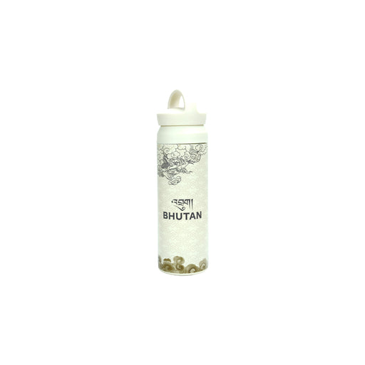 White Insulated Tumbler with Subtle Bhutanese Dragon and Cloud Design, Desuung Skilling Project