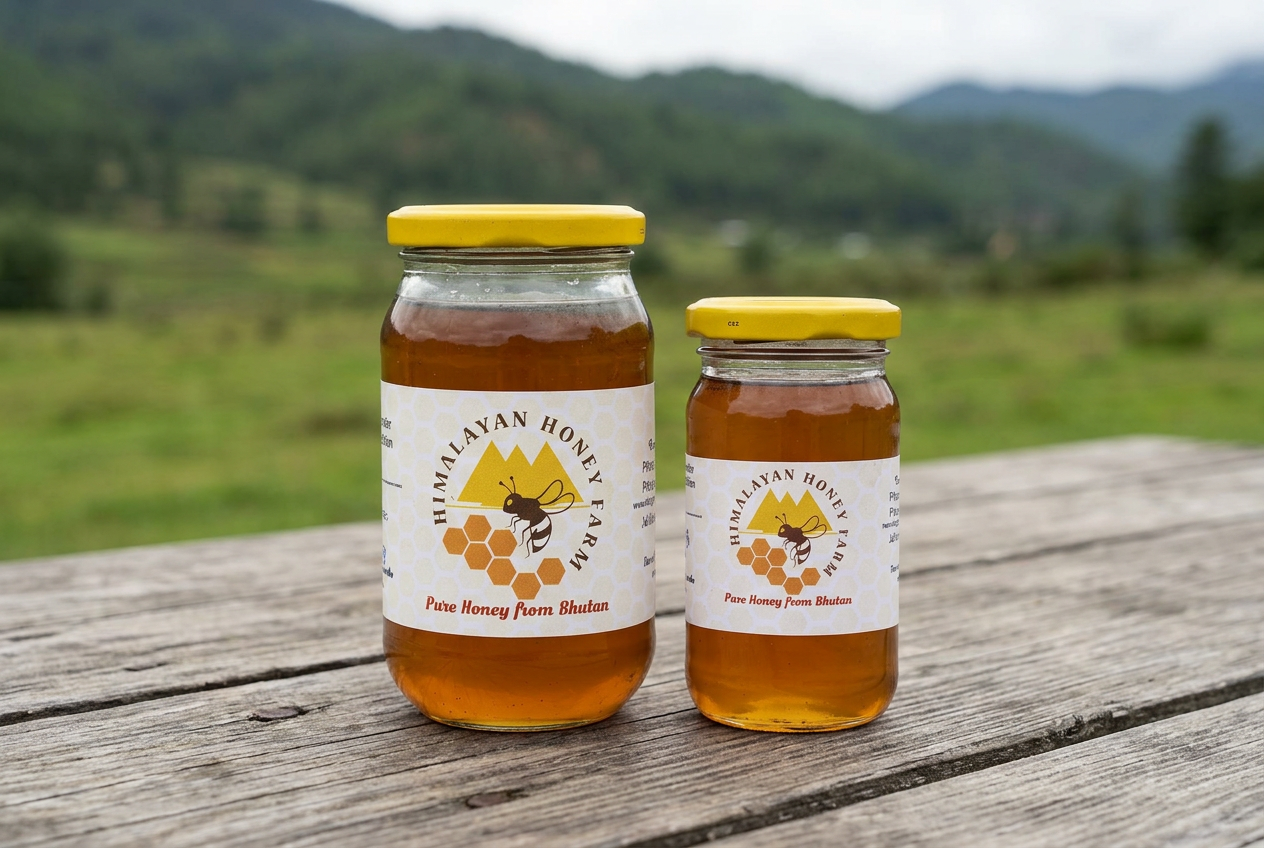 Landscape honey cover with both original jars, soft natural daylight, and a simple rural backdrop, without added text