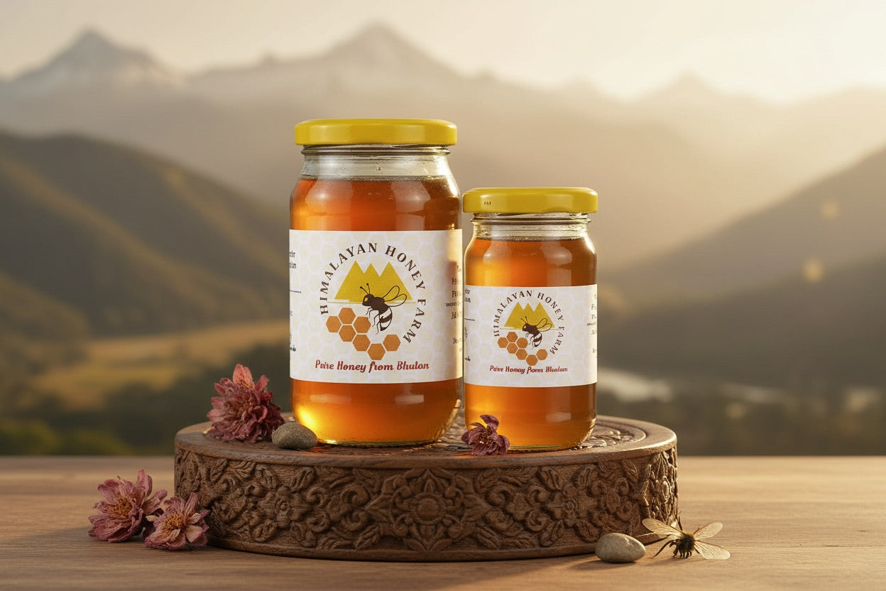 Two jars of honey from Himalayan Honey Farms on a wooden stand with a mountainous background.